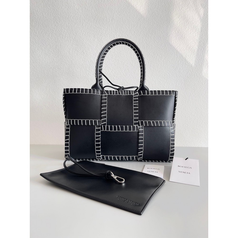 Bottega Veneta Black Arco Small Tote with White Overlock Stitching BVBS12545