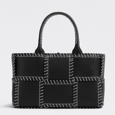 Bottega Veneta Black Arco Small Tote with White Overlock Stitching BVBS12545