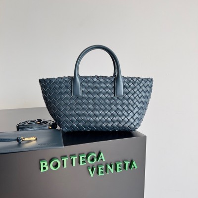 Bottega Veneta Cabat Mini Bag In Navy Blue Intrecciato Lambskin BVBS12082