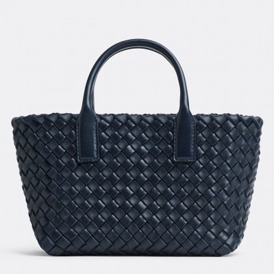 Bottega Veneta Cabat Mini Bag In Navy Blue Intrecciato Lambskin BVBS12082