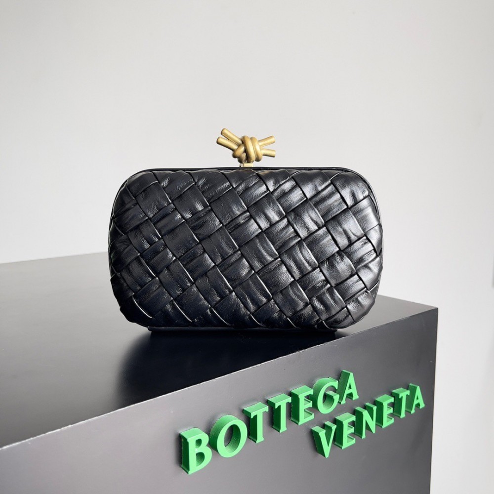 Bottega Veneta Knot Minaudiere Clutch In Black Foulard Intreccio Leather BVBS12366