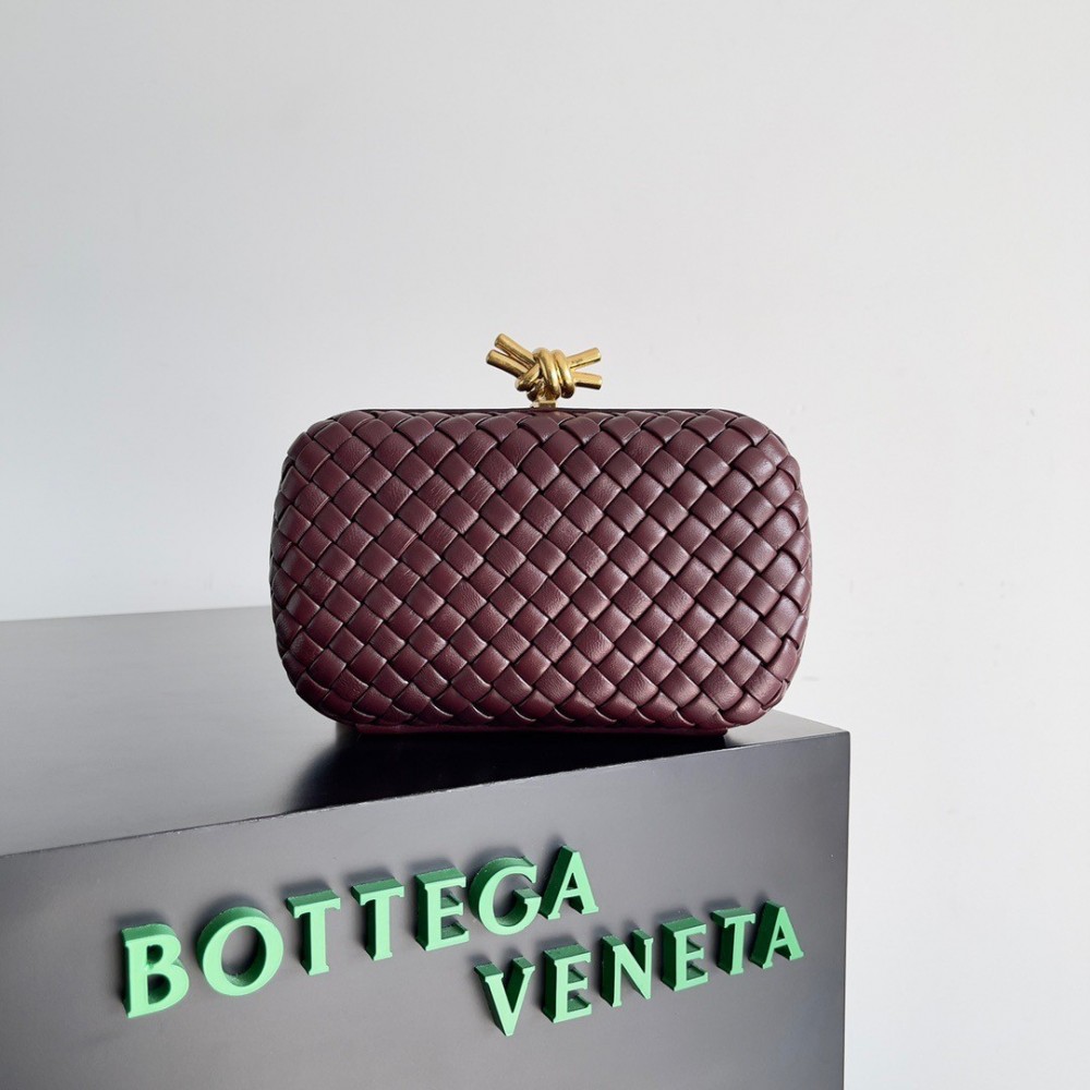 Bottega Veneta Knot Minaudiere Clutch In Bordeaux Intrecciato Lambskin BVBS12368