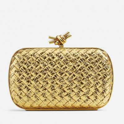 Bottega Veneta Knot Minaudiere Clutch In Gold Intreccio laminated Leather BVBS12370