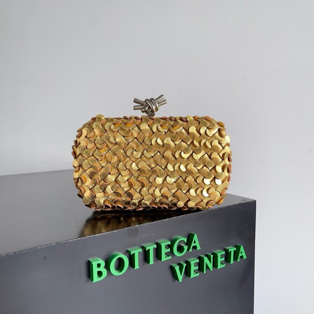 Bottega Veneta Knot Minaudiere Clutch in Gold Sequins Laminated Leather BVBS12371