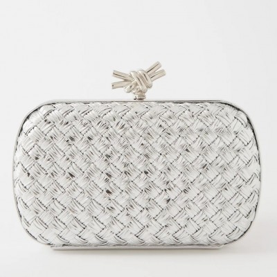 Bottega Veneta Knot Minaudiere Clutch In Silver Intreccio laminated Leather BVBS12375