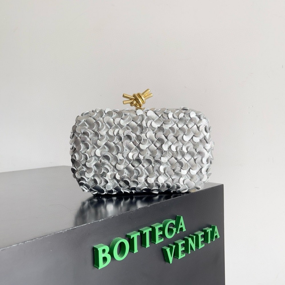 Bottega Veneta Knot Minaudiere Clutch in Silver Sequins Laminated Leather BVBS12376