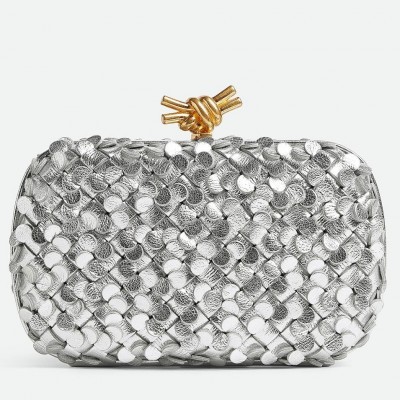 Bottega Veneta Knot Minaudiere Clutch in Silver Sequins Laminated Leather BVBS12376