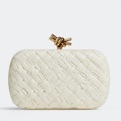 Bottega Veneta Knot Minaudiere Clutch In White Foulard Intreccio Leather BVBS12379