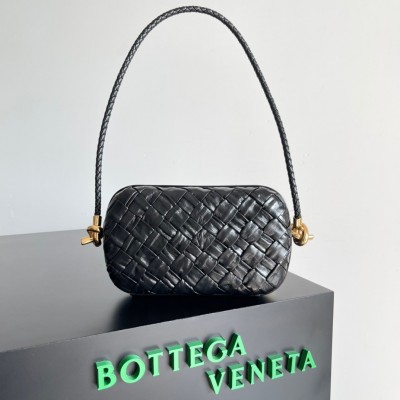 Bottega Veneta Knot Minaudiere On Strap In Black Foulard Intreccio Leather BVBS12386