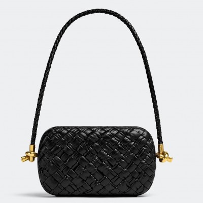 Bottega Veneta Knot Minaudiere On Strap In Black Foulard Intreccio Leather BVBS12386