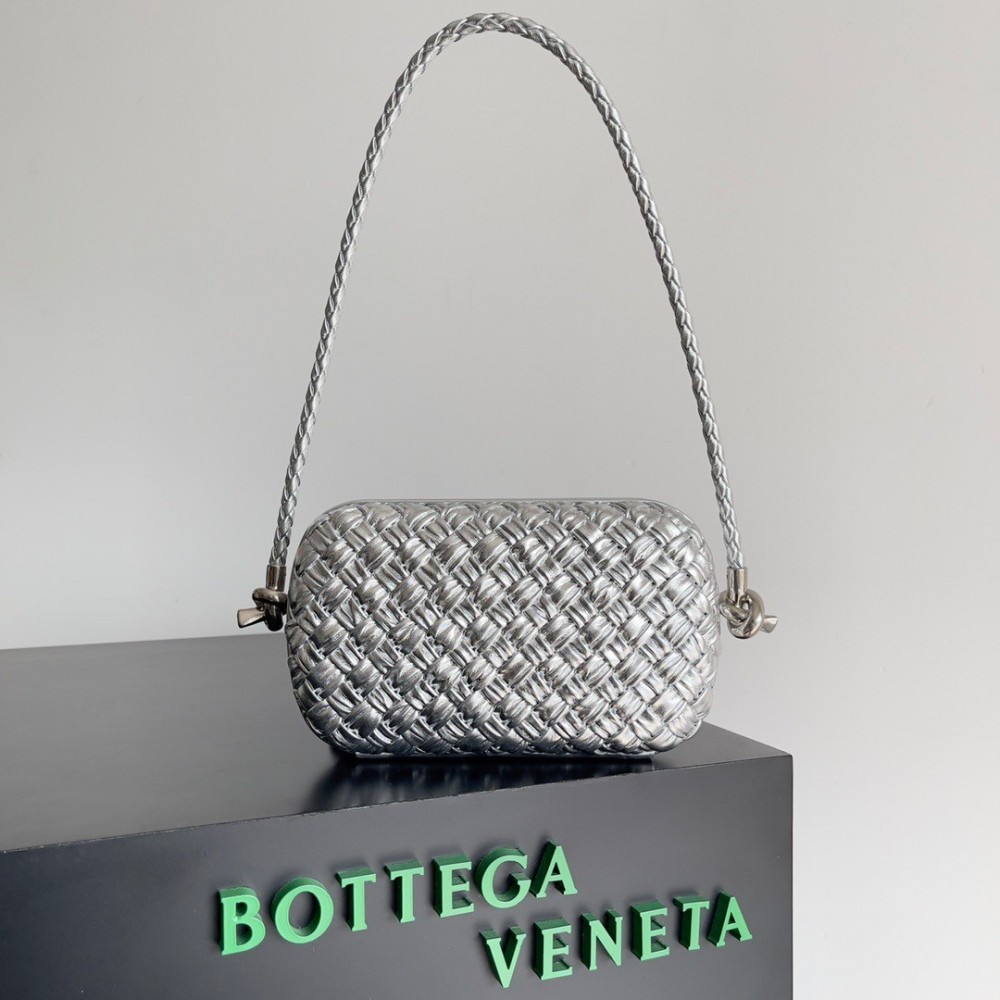 Bottega Veneta Knot Minaudiere On Strap In Silver Intreccio Laminated Leather BVBS12388