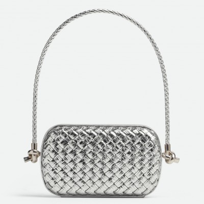 Bottega Veneta Knot Minaudiere On Strap In Silver Intreccio Laminated Leather BVBS12388