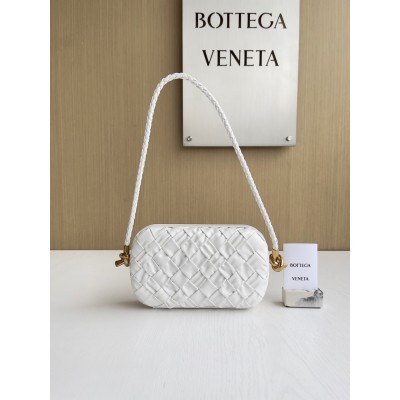 Bottega Veneta Knot Minaudiere On Strap In White Foulard Intreccio Leather BVBS12389