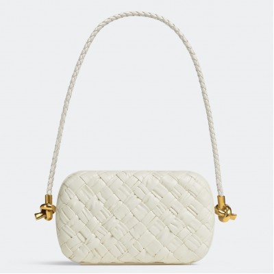 Bottega Veneta Knot Minaudiere On Strap In White Foulard Intreccio Leather BVBS12389