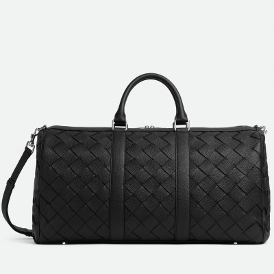 Bottega Veneta Medium Duffle Bag in Black Intrecciato Grained Calfskin BVBS12285