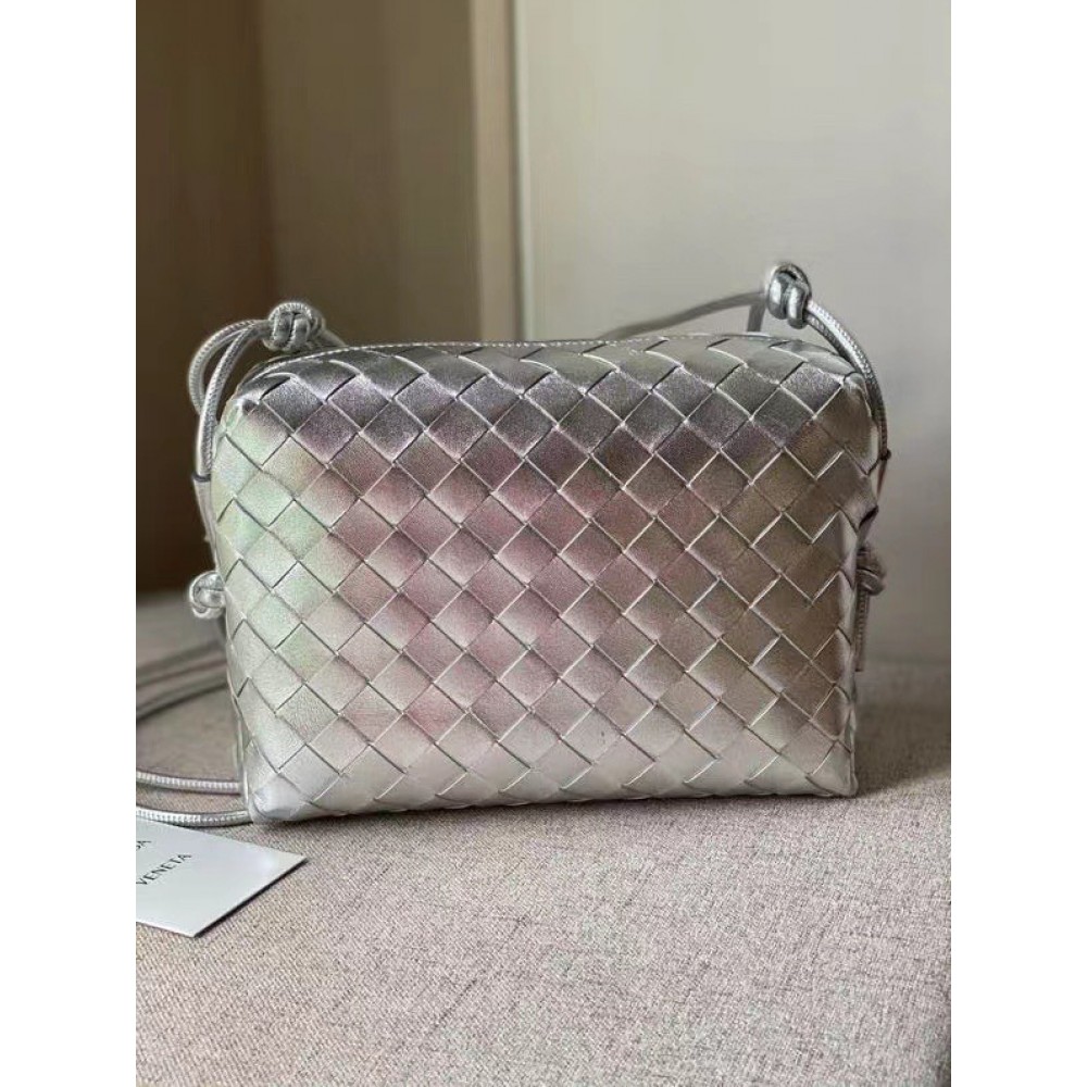 Bottega Veneta Small Loop Bag In Silver Intrecciato Lambskin BVBS12410