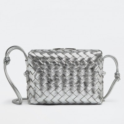 Bottega Veneta Small Loop Bag In Silver Intrecciato Lambskin BVBS12410