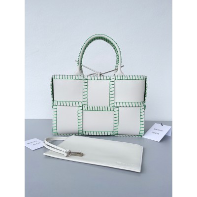 Bottega Veneta White Arco Small Tote with Green Overlock Stitching BVBS12555