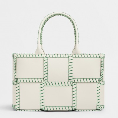 Bottega Veneta White Arco Small Tote with Green Overlock Stitching BVBS12555